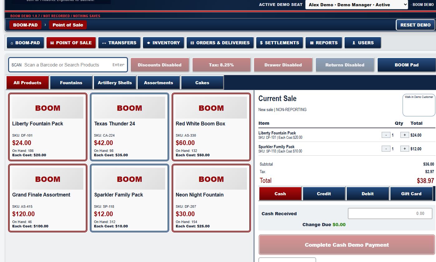 Synthetic BOOM point of sale showing a product catalog, location inventory, and two items in the current sale cart